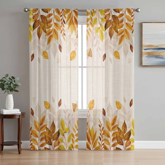 Yellow Leaf Sheer Curtains 72 Inch Length 2 Panels Set, Fall Plant Country Vintage Watercolor Beige Voile Window Treatment Rod Pocket Curtains Sheers Drapes for Bedroom/Living Room/Kitchen 52"x72"x2