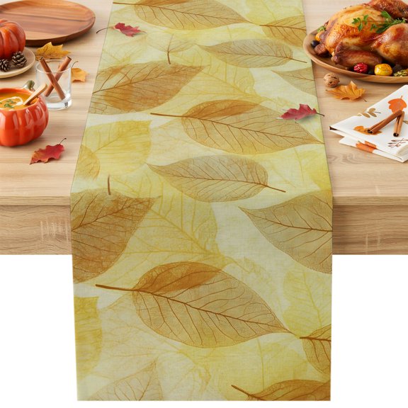 Yellow Leaf Table Runner 13x36 Inch Abstract Modern Amber Leaf Veins Fall Foliage Cotton Linen Dining Table Runner Ideal for Dresser Kitchen Coffee Tables - Machine Washable