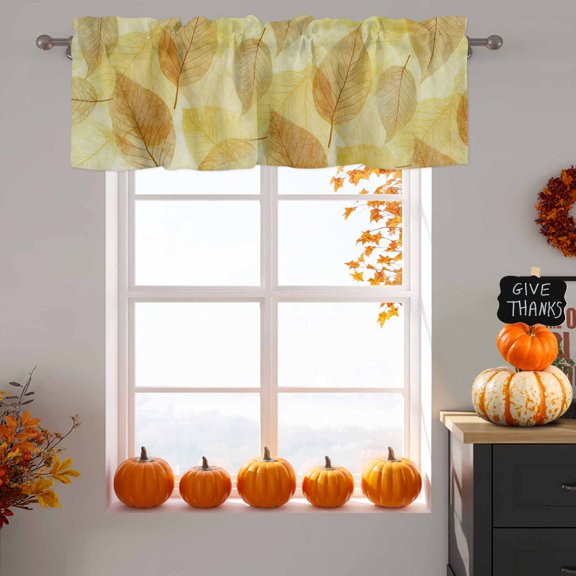 Yellow Leaf Window Valance for Kitchen, Abstract Modern Amber Leaf Veins Fall Foliage Rod Pocket Short Curtains for Bathroom Bedroom Small Window, Light Filtering Decorative Valances, 42 x 12 Inches