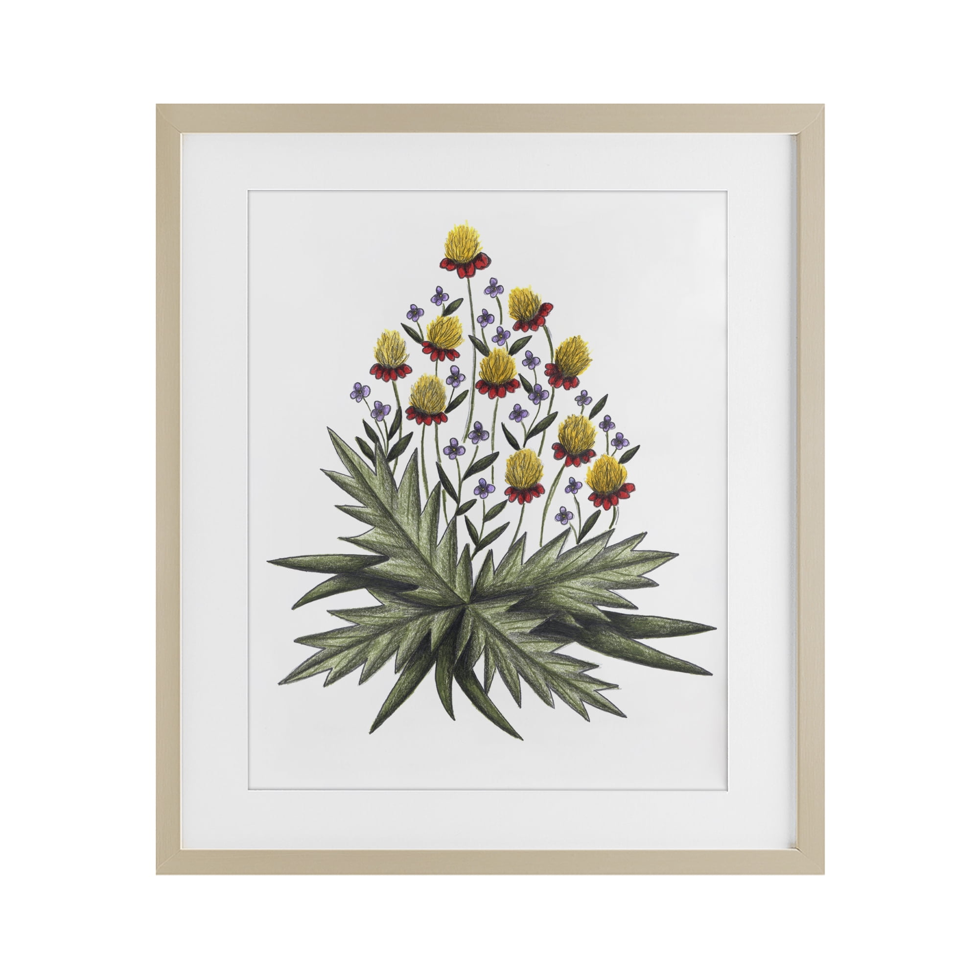Yellow Leafy Wild Flowers Birch Framed Print Under Glass, design by Cecilia Battaini