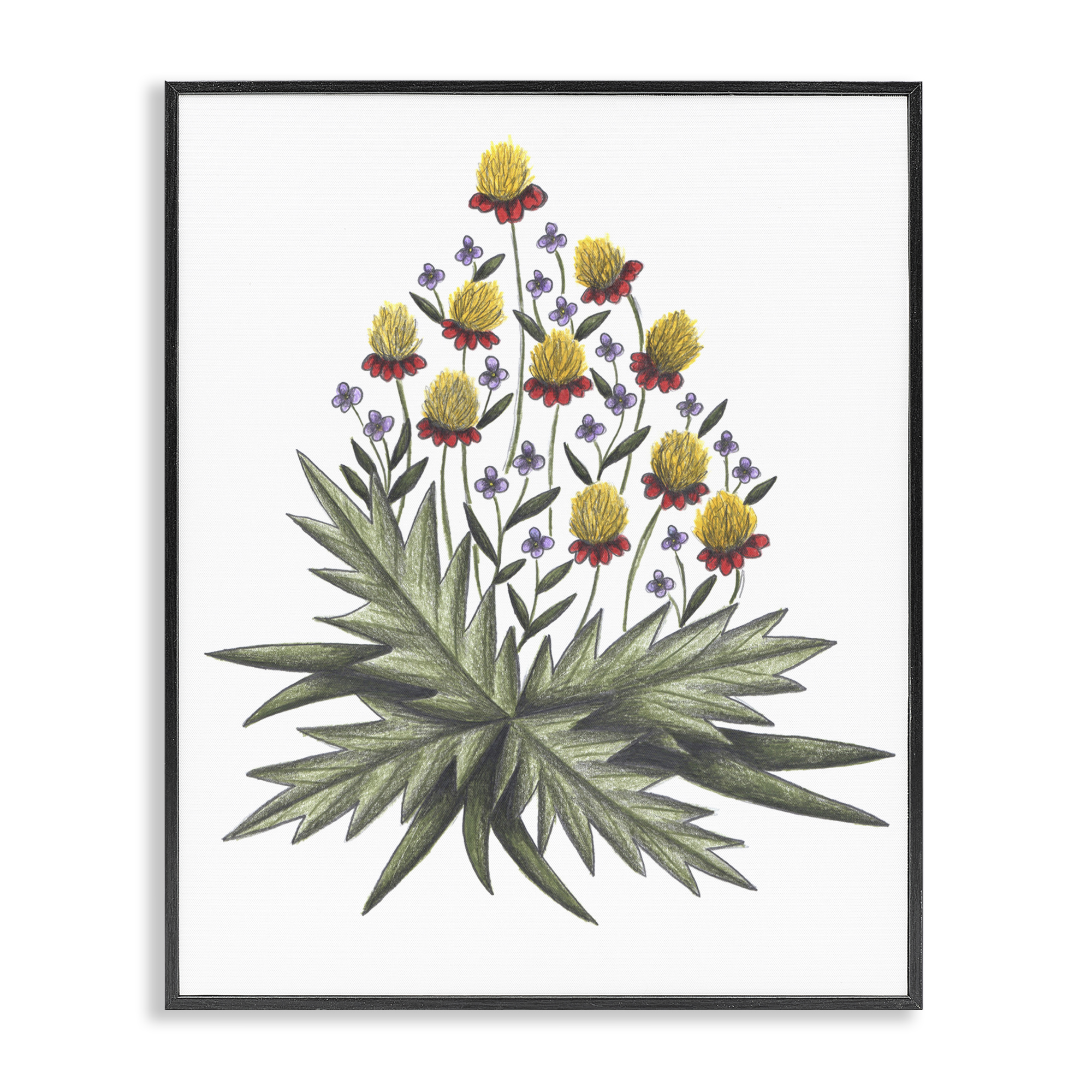 Yellow Leafy Wild Flowers Black Framed Giclee Art, design by Cecilia Battaini