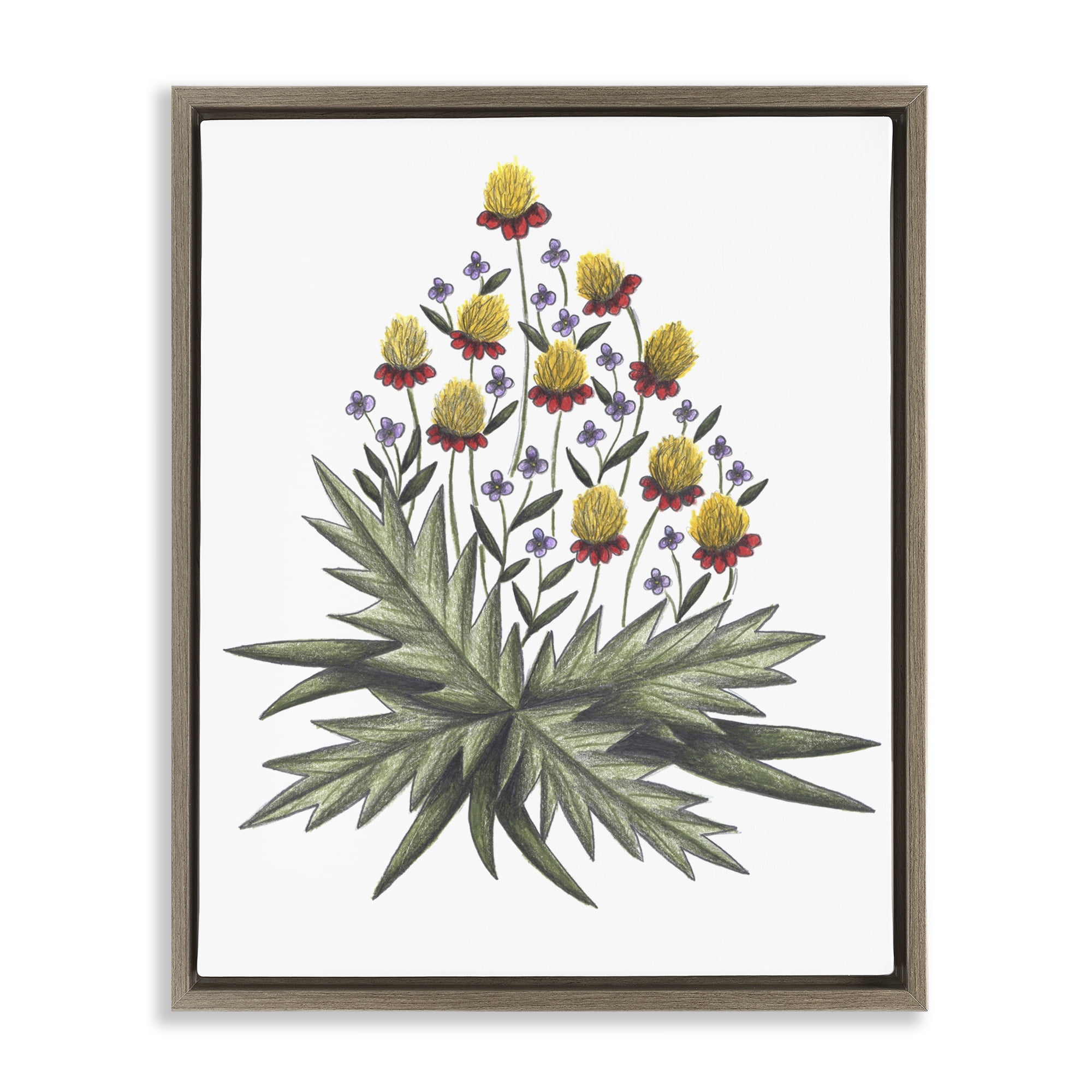 Yellow Leafy Wild Flowers Brown Framed Floater Canvas Wall Art, design by Cecilia Battaini