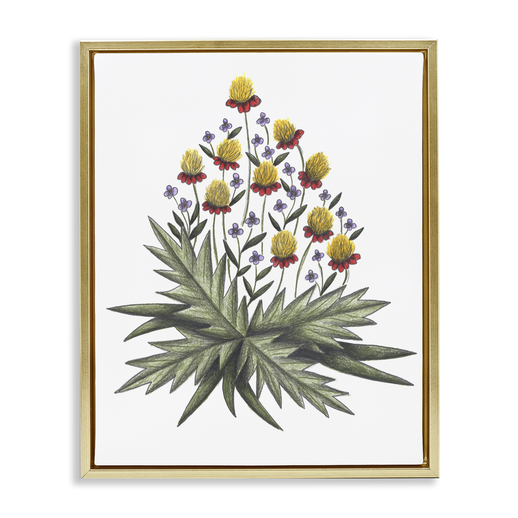 Yellow Leafy Wild Flowers Gold Framed Floater Canvas Wall Art, design by Cecilia Battaini