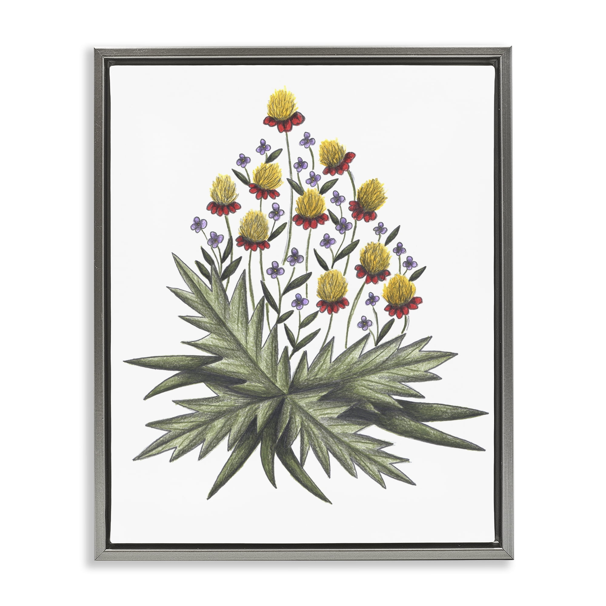 Yellow Leafy Wild Flowers Gray Framed Floater Canvas Wall Art, design by Cecilia Battaini