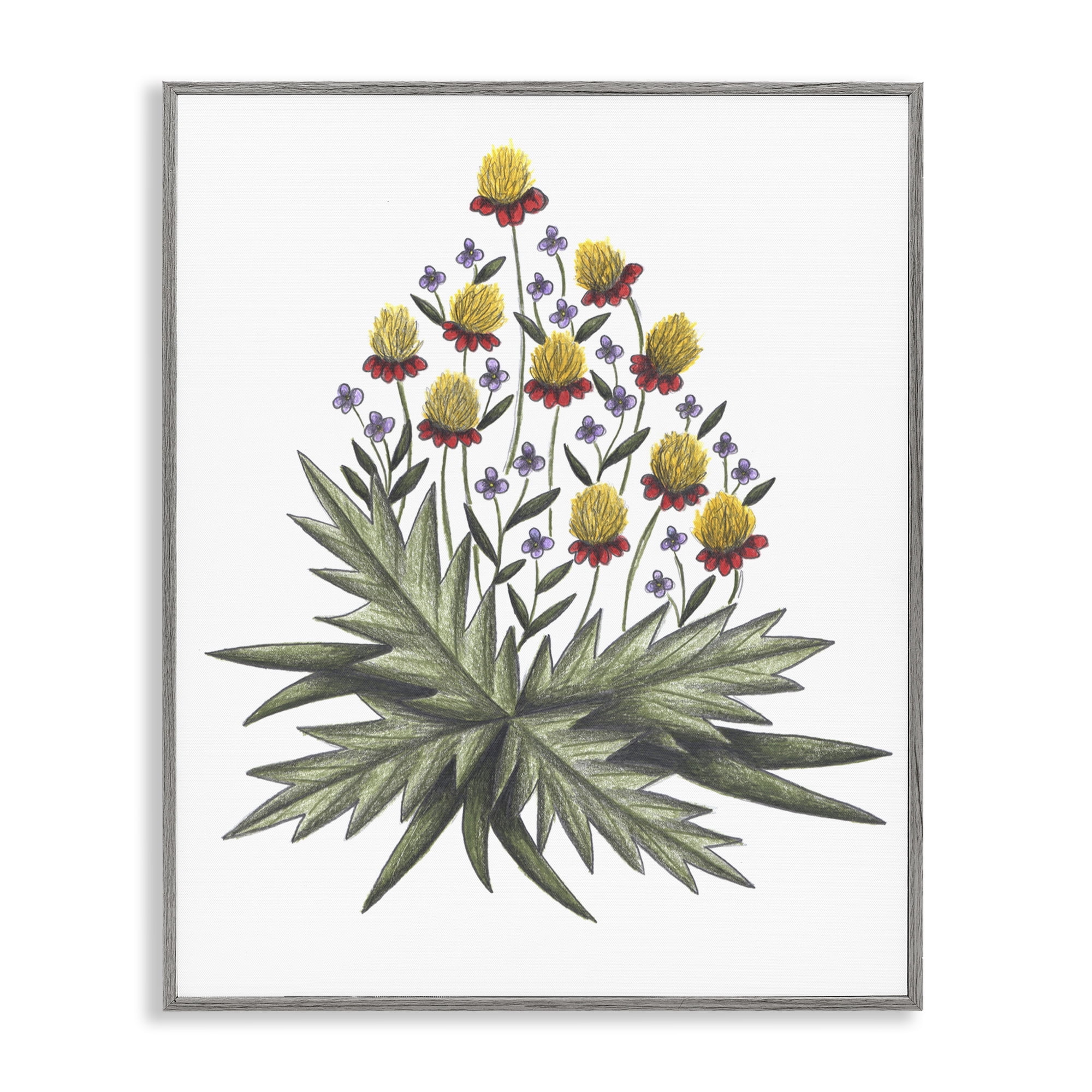 Yellow Leafy Wild Flowers Gray Framed Giclee Art, design by Cecilia Battaini