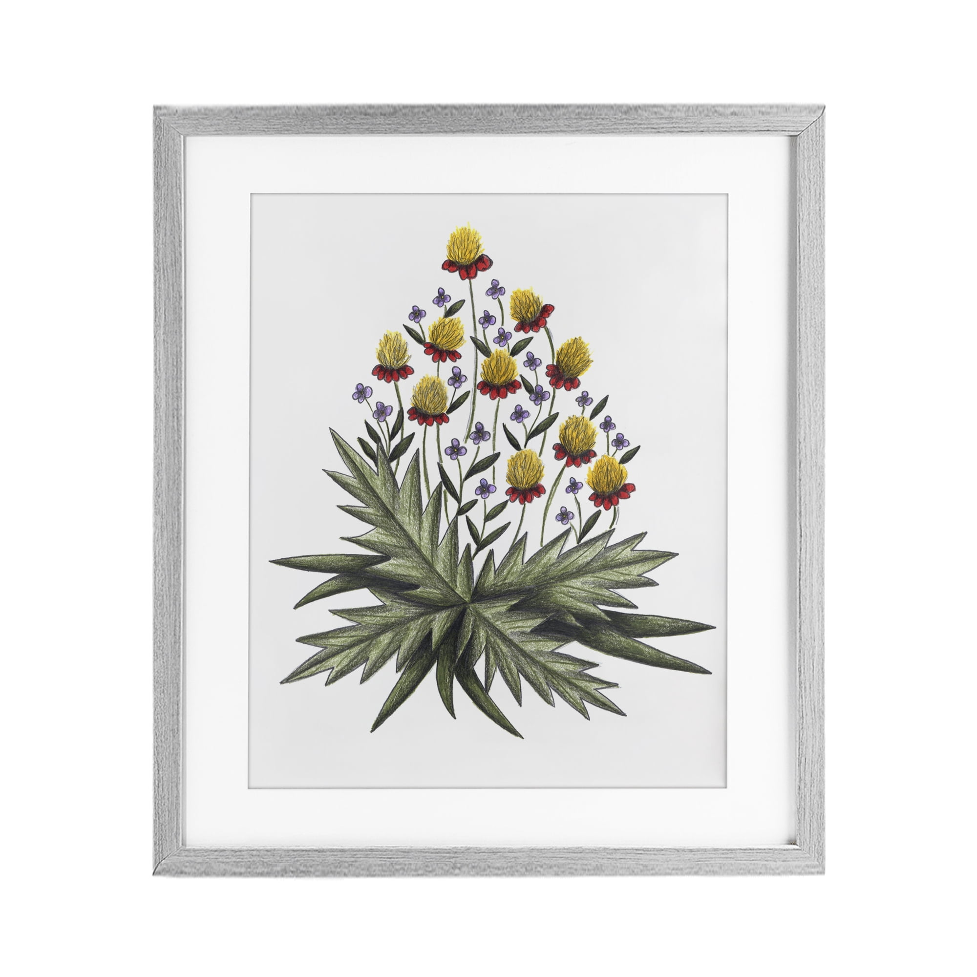 Yellow Leafy Wild Flowers Gray Framed Print Under Glass, design by Cecilia Battaini