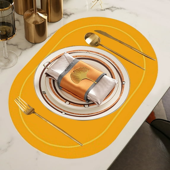 Yellow Leather Placemat | Oval Western Dining Table Mat | Oil-Proof & Heat Insulation | Non-Slip Bowl Mat | 45x30cm | Two-Sided Design for Hotels & Home Use