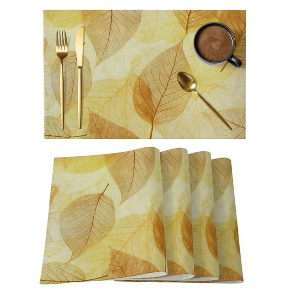 Yellow Leaves Placemats Set of 8 Botanical Fall Foliage Farmhouse Retro Plants Place Mats Indoor Wipeable Table Mats Washable Cloth Dining Table Placemats for Kitchen Holiday Party Decor 13x19 Inch