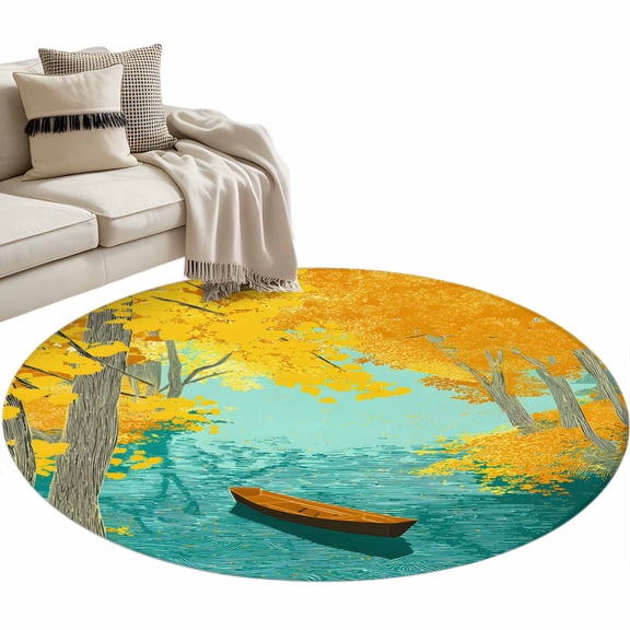 Yellow Leaves Round Rug 3ft Washable Circle Entryway Rugs Non Slip Boat Turquoise Lake Modern Art Botanical Area Rug Indoor Floor Carpet for Bedroom Kitchen Living Room Office Dining Room Nursery