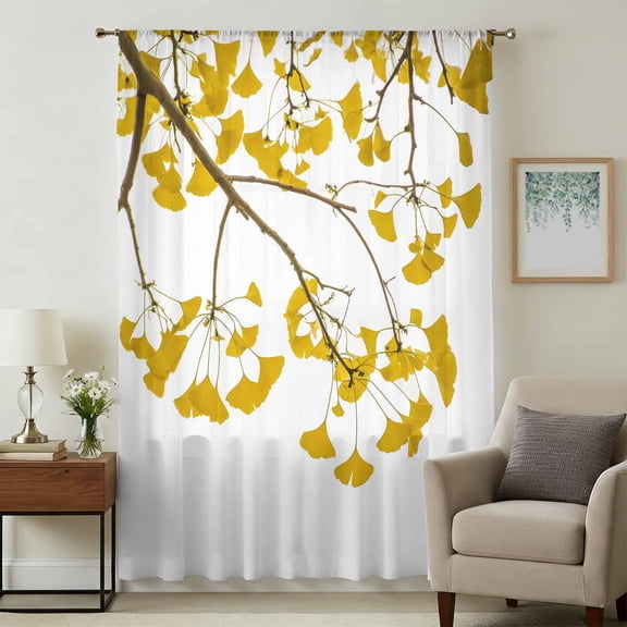 Yellow Leaves Sheer Curtains 108 Inches Extra Long for Living Room, Fall Branches Brown Tree Light Filtering Privacy Drapes, Breathable Semi Sheer Window Treatment for Floor to Ceiling Window Bedroom