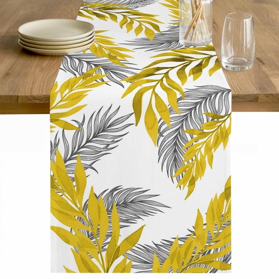 Yellow Leaves Table Runner - 108 Inch Long Willow Leaf Country Botanical Branches Cotton and Linen Blended Dress Scarves Farmhouse Table Runner for Kitchen Dining, Coffee Table, 13" x 108"