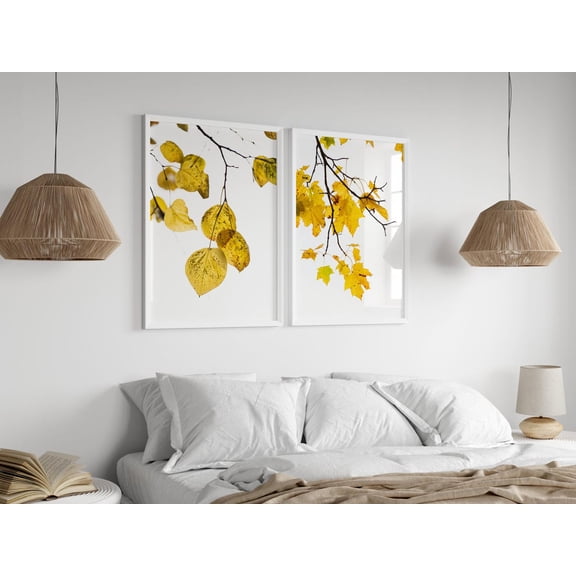 Yellow Leaves Wall Art Minimalist Autumn Tree Prints For Seasonal, Set 2, Poster Only