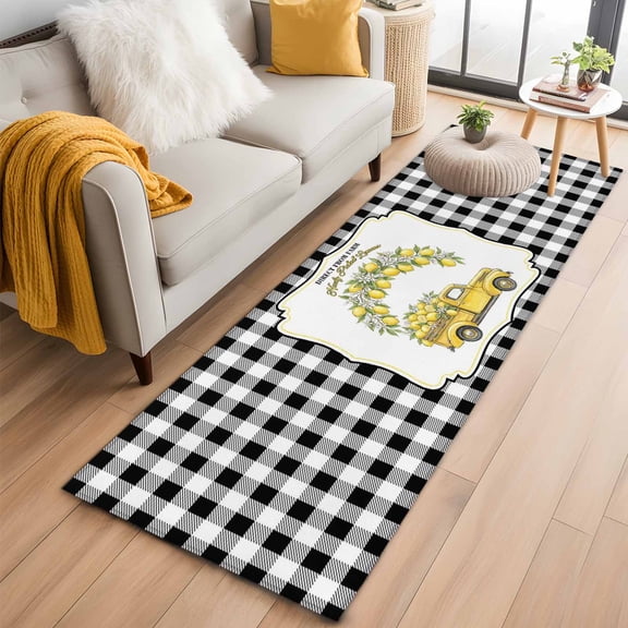 Yellow Lemon 2'x6' Runner Rugs for Hallway Kitchen Bedside Non Slip, Summer Country Truck Floral Botanical Black Plaid Entryway Rug Runners with Rubber Backing, Long Carpet Runner for Laundry Room