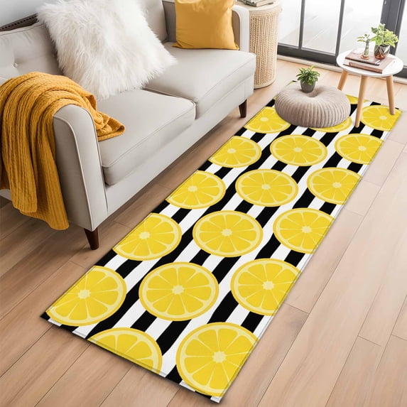 Yellow Lemon 2'x6' Runner Rugs for Hallway Kitchen Bedside Non Slip Washable, Summer Botanical Fruits Black White Stripes Entryway Rug Runners with Rubber Backing, Long Carpet Runner for Laundry Room