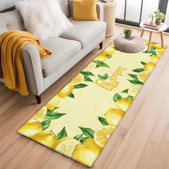 Yellow Lemon 2'x6' Runner Rugs for Hallway Kitchen Bedside Non Slip Washable, Summer Botanical Lemons Cute Yellow Entryway Rug Runners with Rubber Backing, Long Carpet Runner for Laundry Room