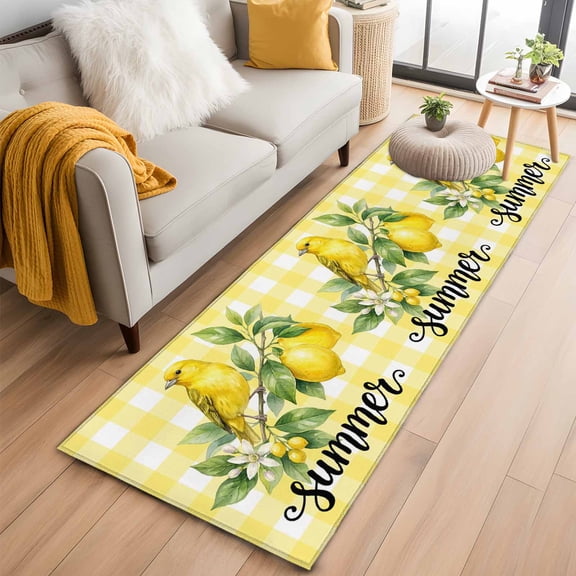 Yellow Lemon 2'x6' Runner Rugs for Hallway Kitchen Bedside Non Slip Washable, Summer Farmhouse Fruits Birds Leaves Plaid Entryway Rug Runners with Rubber Backing, Long Carpet Runner for Laundry Room