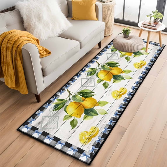 Yellow Lemon 2'x6' Runner Rugs for Hallway Kitchen Bedside Non Slip, Wooden Summer Botanical Black White Checkered Entryway Rug Runners with Rubber Backing, Long Carpet Runner for Laundry Room