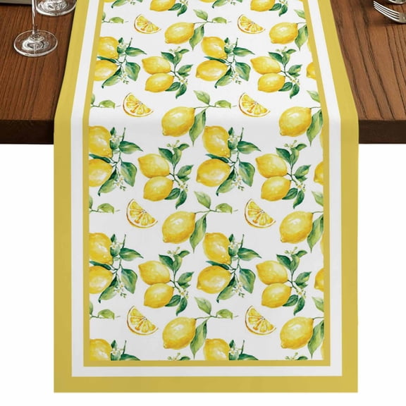 Yellow Lemon 36 Inch Table Runner, Summer Watercolor Oil Painting Fruits Farmhouse Dresser Scarf Cotton & Linen Tablerunner for Dining/Kitchen Island/Holiday Party Décor Small 13" x 36"