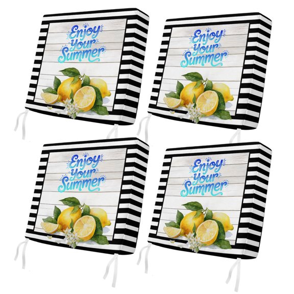 Yellow Lemon 4 Pcs Patio Cushion Covers, Enjoy Your Summer Fruit Wood Striped Farmhouse Waterproof Outdoor Cushion Cover, Replacement Washable Sofa Chair Seat Cover with Zipper 24"x24"x4"