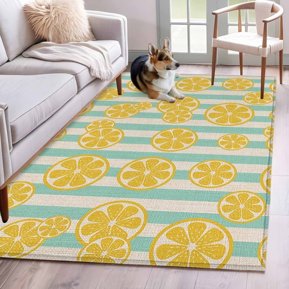 Yellow Lemon 4x6 Area Rugs for Living Room, Teal Stripes Linen Background Non Slip Floor Mat Washable Low-Profile Indoor Carpet for Bedroom, Dining Room, Bathroom