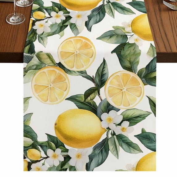 Yellow Lemon 70 Inch Table Runner, Country Fruit Floral Watercolor Green White Farmhouse Dresser Scarf Cotton & Linen Tablerunner for Dining/Kitchen Island/Holiday Party Décor 13" x 70"