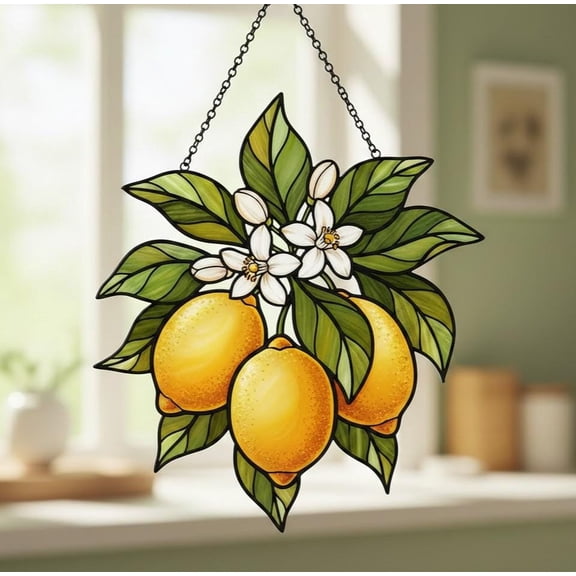 Yellow Lemon Acrylic Suncatcher Citrus White Blossom Window Hanging Housewarming Gift Kitchen Wall Art Mediterranean Style Home Decor