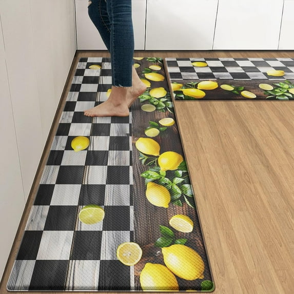 Yellow Lemon Anti-Fatigue Kitchen Rug Set of 2 Black White Plaid Summer Cushioned Kitchen Floor Standing Mat Waterproof Non-Slip Kitchen Mats and Rugs PVC Ergonomic Comfort Foam Rug