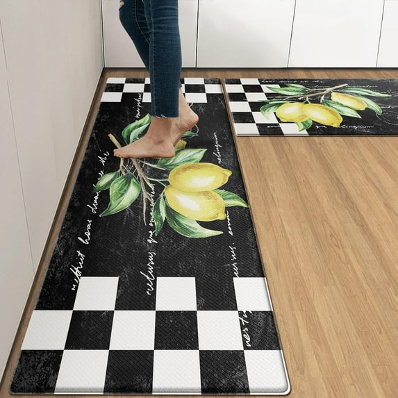 Yellow Lemon Anti-Fatigue Kitchen Rug Set of 2 Black White Plaid Summer Vintage Cushioned Kitchen Floor Standing Mat Waterproof Non-Slip Kitchen Mat and Rugs PVC Ergonomic Comfort Foam Rug