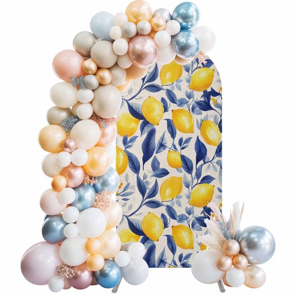 Yellow Lemon Arch Backdrop Cover 4x1.65 Ft, Spandex Wedding Arch Stand Cover, Blue Leaf Vintage Botanical Summer Spring Round Top Stretch Fitted Background Covers for Birthday Ceremony Party Decor