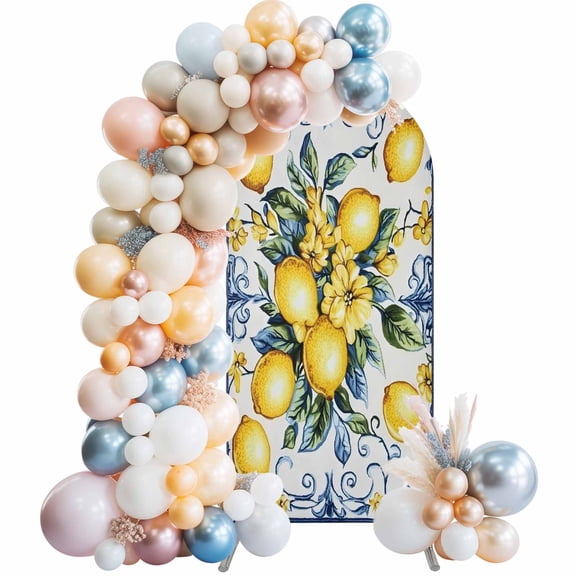 Yellow Lemon Arch Backdrop Cover 6.6x3.3 Ft, Spandex Wedding Arch Stand Cover, Middle Century Blue Italian Textured Round Top Stretch Fitted Background Covers for Birthday Ceremony Party Decor