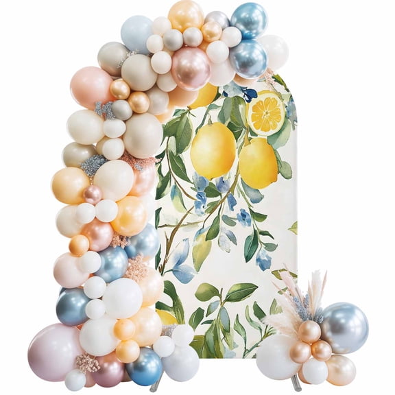 Yellow Lemon Arch Backdrop Cover 7.2x4 Ft, Spandex Wedding Arch Stand Cover, Green Leaf Blue Flower Tropical Fruit Round Top Stretch Fitted Background Covers for Birthday Ceremony Party Decor
