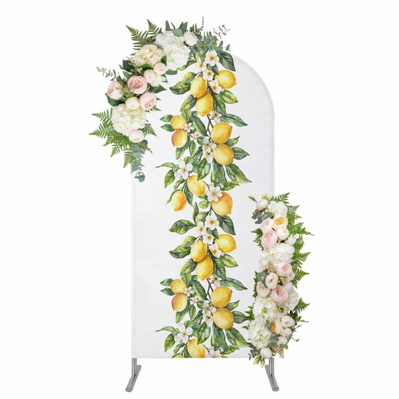 Yellow Lemon Arch Backdrop Cover, Spandex Fitted Wedding Arch Cover, Simple Spring Botanical Fruit Leaves Flower Round Top Stand Covers for Birthday Ceremony Bridal Shower Party Decor 4x1.65 Ft