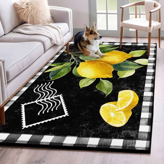 Yellow Lemon Area Rug 4'x6', Summer Botanical Black White Checkered Washable Non-Slip Rugs, Low Pile Large Carpet for Living Room Bedroom Dining Room Kitchen Office Indoor Mat