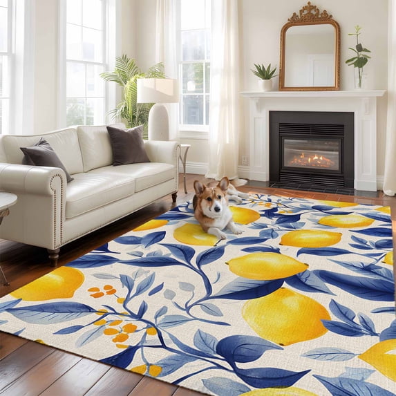Yellow Lemon Area Rug 5x8 FT, Non Slip Bedroom Throw Carpet, Blue Leaf Vintage Botanical Summer Spring Washable Soft Floor Carpet Non-Shedding Rug for Living Room Nursery Dorm Office