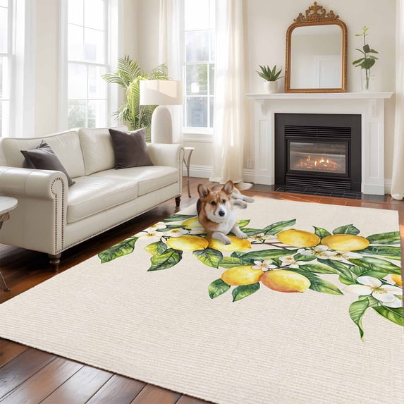 Yellow Lemon Area Rug 5x8 FT, Non Slip Bedroom Throw Carpet, Spring Botanical Leaves Fruit Farmhouse Washable Soft Floor Carpet Non-Shedding Rug for Living Room Nursery Dorm Office
