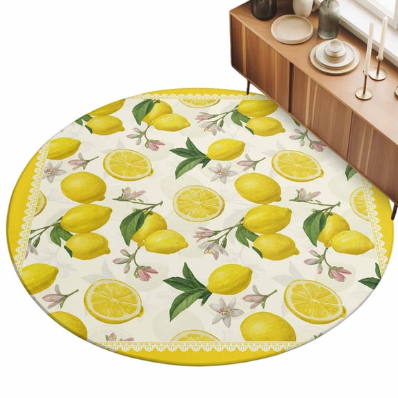 Yellow Lemon Area Rugs 3.3' (Round) Floral Leaf Summer Fruit Farmhouse Pastoral Floor Rug Non Slip Low Pile Ultra Soft Throw Carpet for Entryway Indoor Entrance Kitchen Bathroom