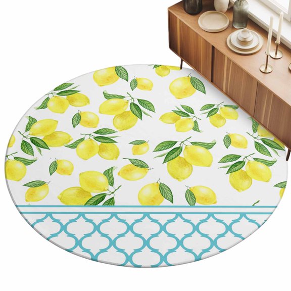 Yellow Lemon Area Rugs 3' (Round) Green Leaf Blue Morocco Country Summer Fruit Floor Rug&nbsp;Non Slip Low Pile Ultra Soft Throw Carpet for Entryway Indoor Entrance Kitchen Bathroom