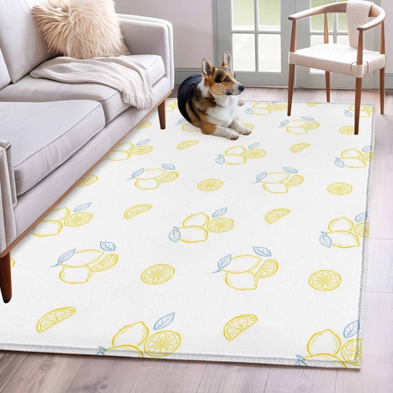 Yellow Lemon Area Rugs 3'x5', Washable Small Throw Rugs for Living Room Bedroom, Country Farmhouse Fruits Leaves Summer Indoor Outdoor Rug Non-Slip Low Pile Carpet Runner Reversible Floor Mats