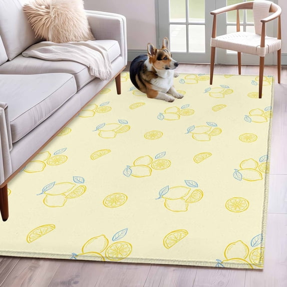 Yellow Lemon Area Rugs 4'x6', Washable Small Throw Rugs for Office Bathroom, Summer Farmhouse Fruits Leaves Lemon Indoor Outdoor Rug Non-Slip Low Pile Carpet Runner Reversible Floor Mats