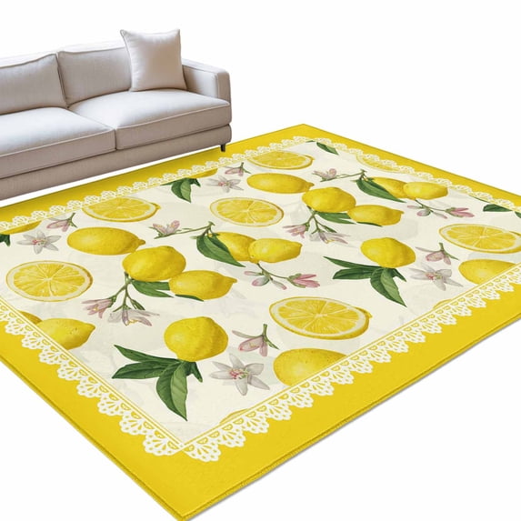 Yellow Lemon Area Rugs 5x8ft Floral Leaf Summer Fruit Farmhouse Pastoral Floor Rug Non Slip Low Pile Ultra Soft Throw Carpet for Entryway Indoor Entrance Kitchen Bathroom