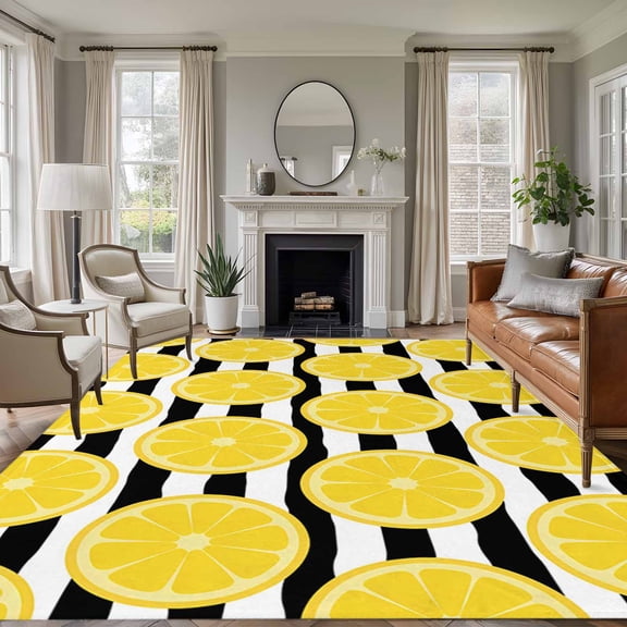 Yellow Lemon Area Rugs 6'x9', Washable Small Throw Rugs for Kitchen Dining room, Summer Botanical Fruits Black White Stripes Indoor Outdoor Rug Non-Slip Low Pile Carpet Runner Reversible Floor Mats