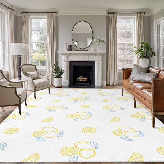 Yellow Lemon Area Rugs 8'x10', Washable Small Throw Rugs for Living Room Patio, Country Farmhouse Fruits Leaves Summer Indoor Outdoor Rug Non-Slip Low Pile Carpet Runner Reversible Floor Mats