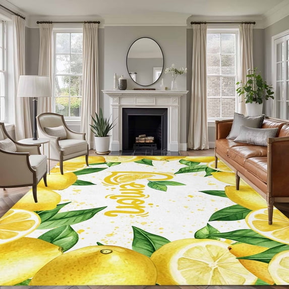 Yellow Lemon Area Rugs 8'x10', Washable Small Throw Rugs for Living Room Patio, Summer Botanical Lemons Cute Indoor Outdoor Rug Non-Slip Low Pile Carpet Runner Reversible Floor Mats