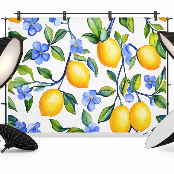 Yellow Lemon Backdrop for Photography,Fabric Photo Background Backdrop,Blue Flower Botanical Blossom Motif Spring Photo Booth Background for Portrait Photoshoot Video Wedding Decoration Banner 7x5ft