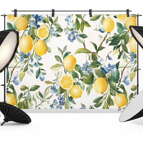 Yellow Lemon Backdrop for Photography,Fabric Photo Background Backdrop,Green Leaf Blue Flower Tropical Fruit Photo Booth Background for Portrait Photoshoot Video Wedding Decoration Banner 7x5ft