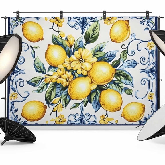 Yellow Lemon Backdrop for Photography,Fabric Photo Background Backdrop,Middle Century Blue Italian Textured Photo Booth Background for Portrait Photoshoot Video Wedding Studio Decoration Banner 7x5ft