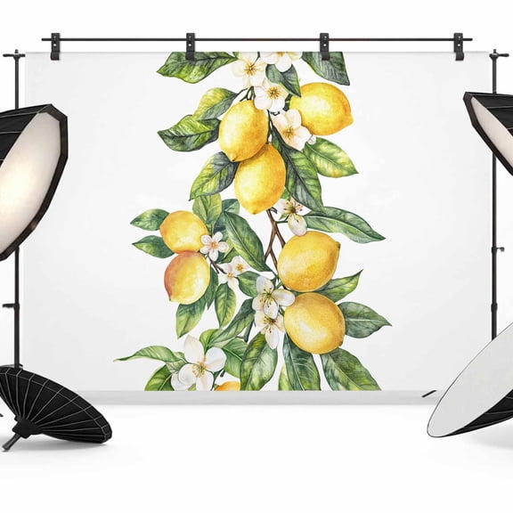 Yellow Lemon Backdrop for Photography,Fabric Photo Background Backdrop,Simple Spring Botanical Fruit Leaves Flower Photo Booth Background for Portrait Photoshoot Video Wedding Banner 10x8ft