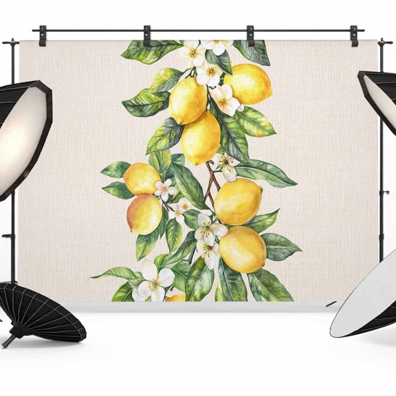 Yellow Lemon Backdrop for Photography,Fabric Photo Background Backdrop,Spring Botanical Leaves Fruit Farmhouse Photo Booth Background for Portrait Photoshoot Video Wedding Decoration Banner 7x5ft
