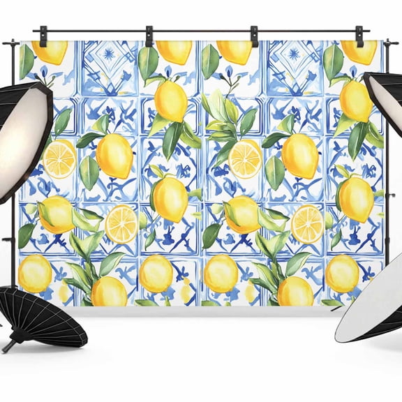 Yellow Lemon Backdrop for Photoshoot,Photography Photo Studio Background Wall Backdrop,Botanical Spring Leaves Abstract Blue Tile Back Drop Banner Panel for Portraits Wedding Live Streaming 7x5Ft