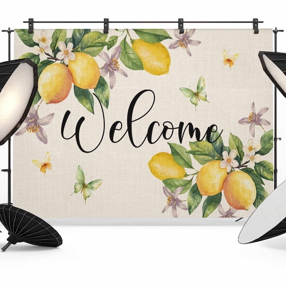 Yellow Lemon Backdrop for Photoshoot,Photography Photo Studio Background Wall Backdrop,Rustic Flower Butterfly Farmhouse Beige Back Drop Banner Panel for Portraits Wedding Party Live Streaming 8x6Ft